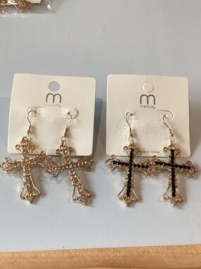 Melody Gold Cross Drop Earrings - Gold with Black Accent